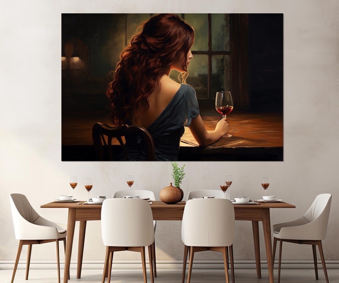 Woman With Wine Glass By Window Moody Night Romantic Painting Poster - Image 3
