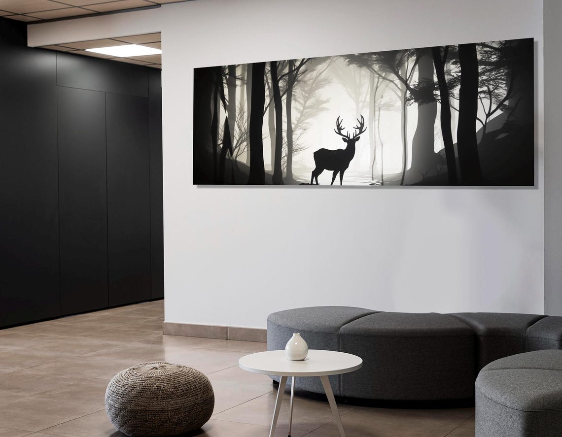 Stag Silhouette Misty Forest Black White Triptych Wildlife Poster - Image 4