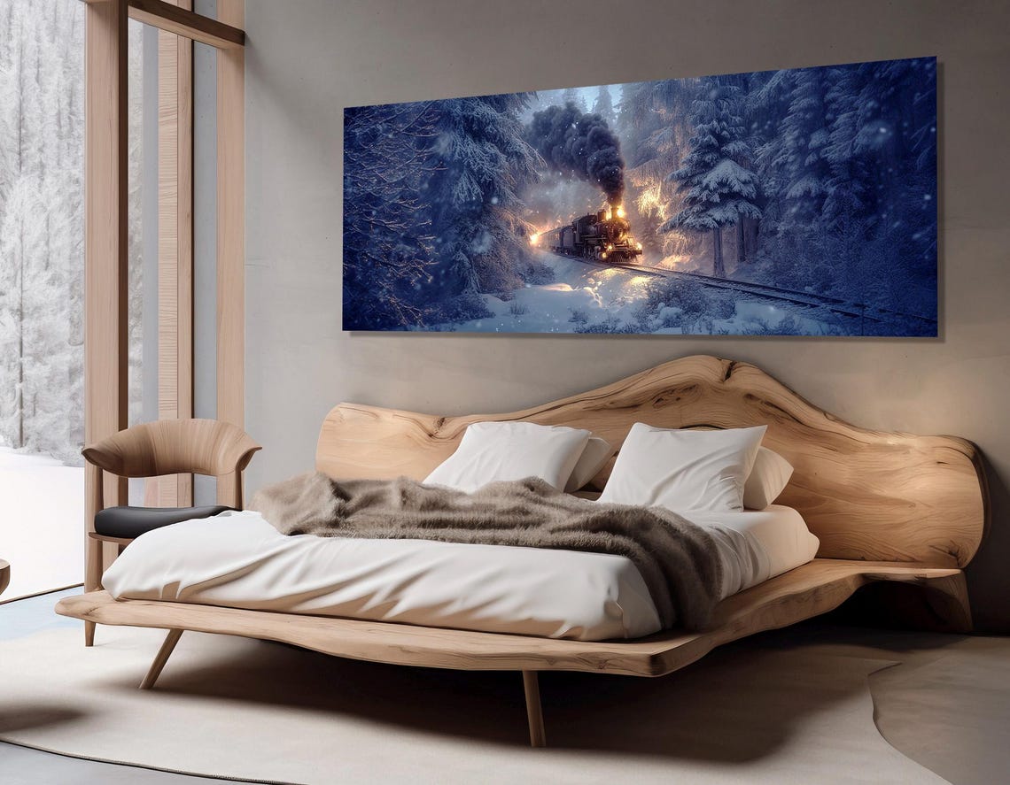 Steam Train Snowy Forest Winter Night Snowfall Panoramic Travel Poster - Image 2