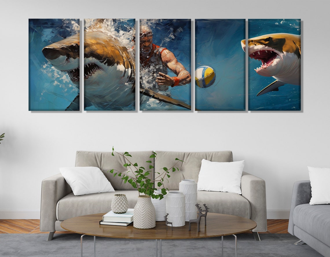 Water Polo Player Between Two Great White Sharks Abstract Poster - Image 3