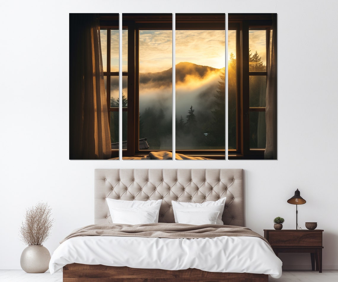 Mountain Sunrise Through Open Window Golden Fog Peaks View Poster - Image 3