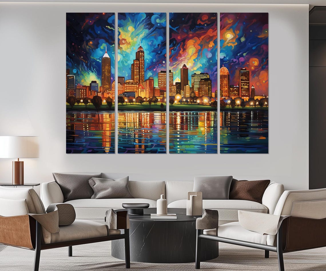 Detroit Skyline Abstract Night City Lights River Reflection Poster - Image 2