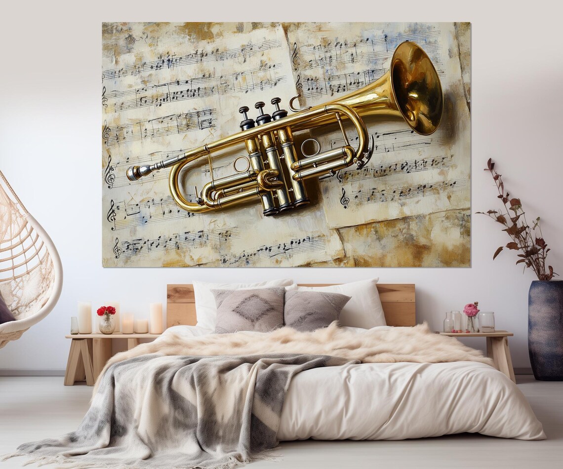 Brass Trumpet On Vintage Sheet Music Triptych Jazz Wall Poster - Image 4