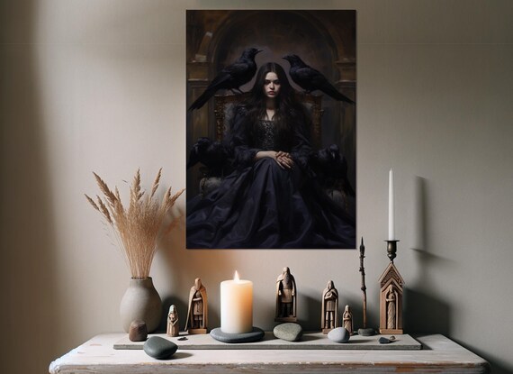 Dark Witch On Throne With Ravens Gothic Fantasy Portrait Wall Art Poster