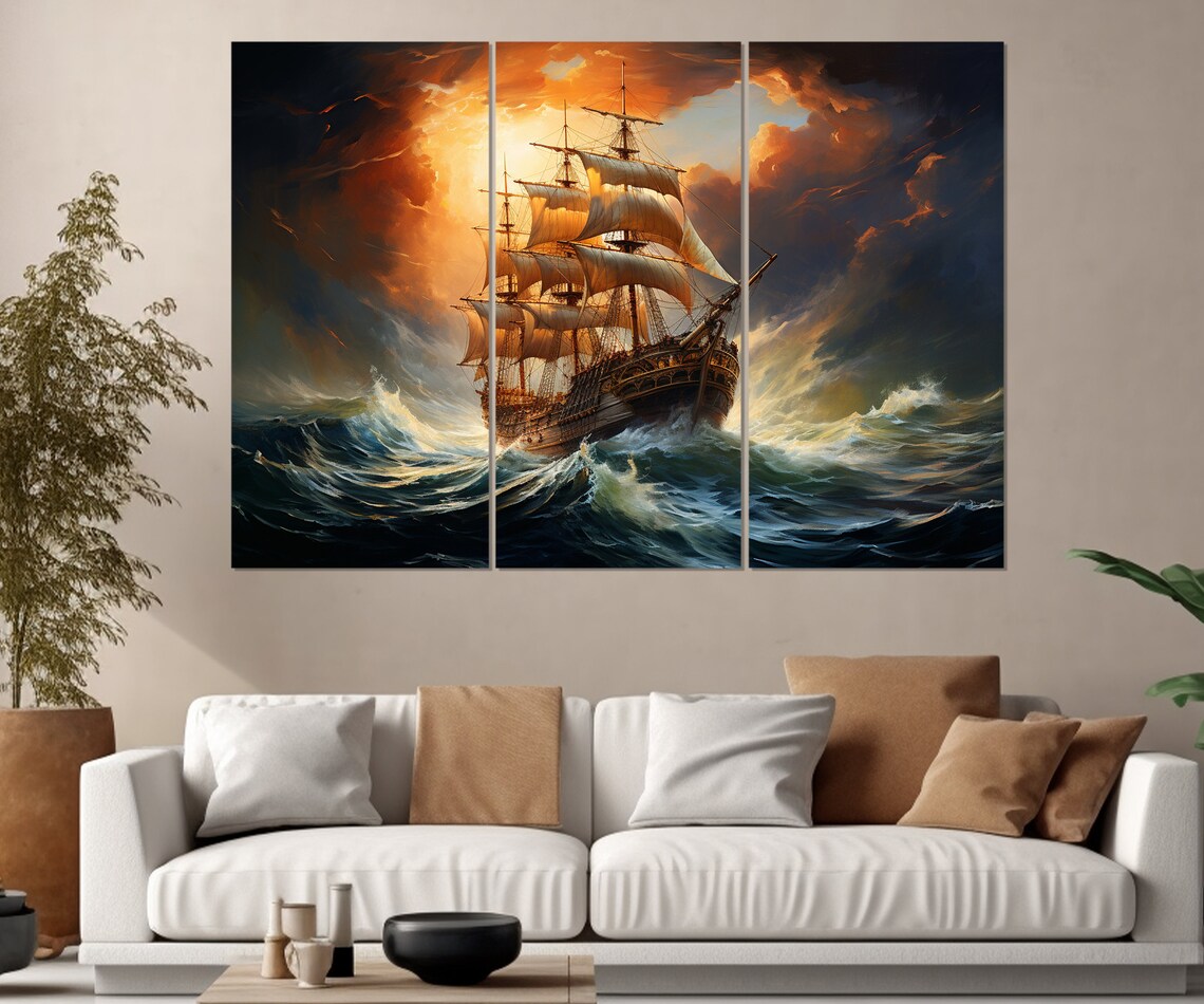 Old Sailboat at Sunset, Nautical Sea Art Print - Image 2