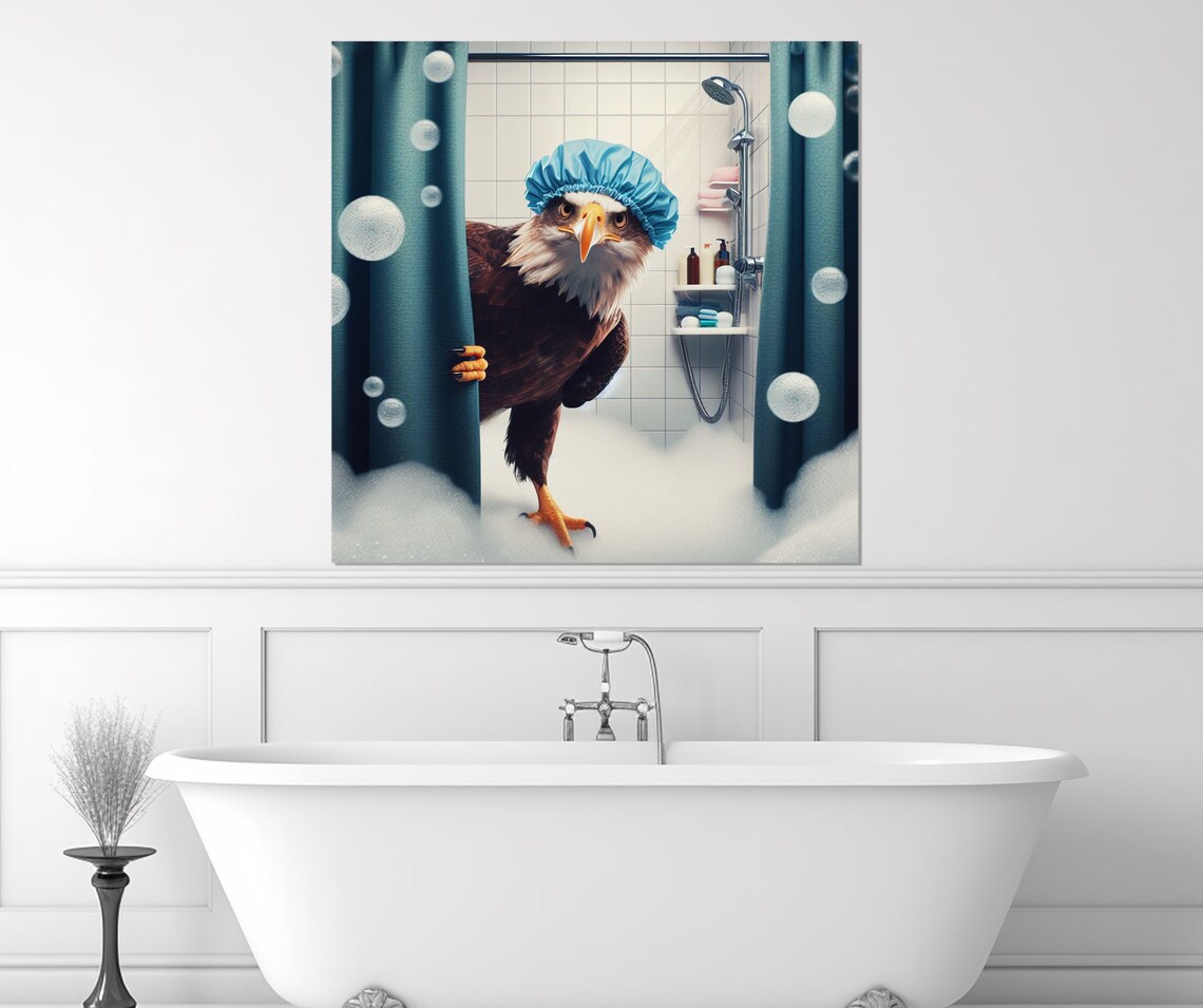 Majestic Bald Eagle in Blue Shower Cap Bubble Bath Animal Poster - Image 2