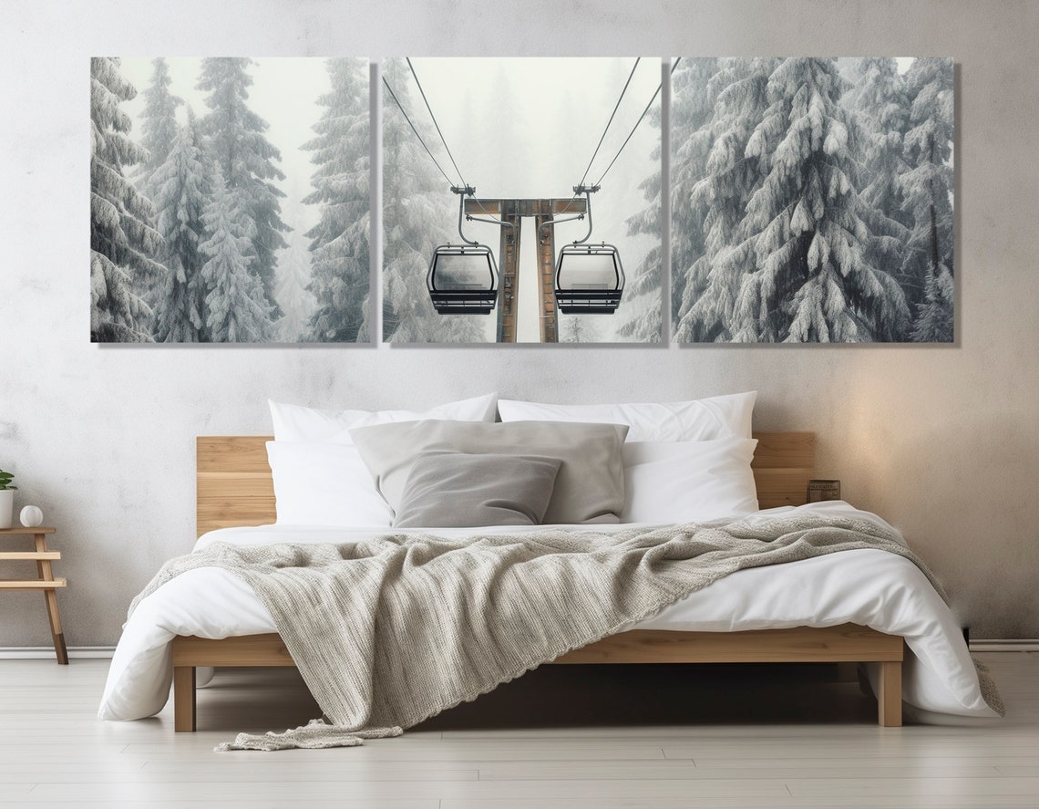 Snowy Winter Forest Cable Car Gondolas 3 Panel Mountain Scene Poster