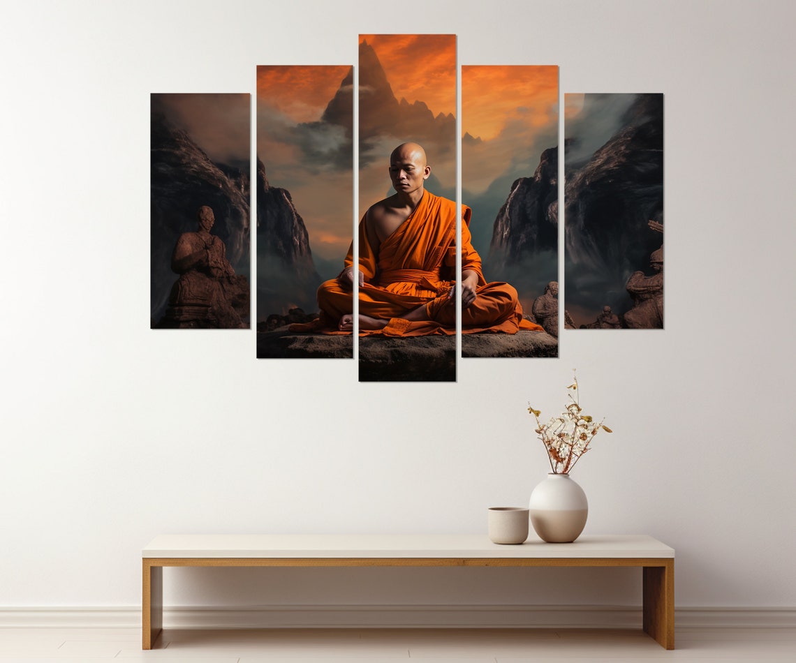 Buddhist Monk Meditating Orange Robes Mountain Sunset Wall Poster - Image 4