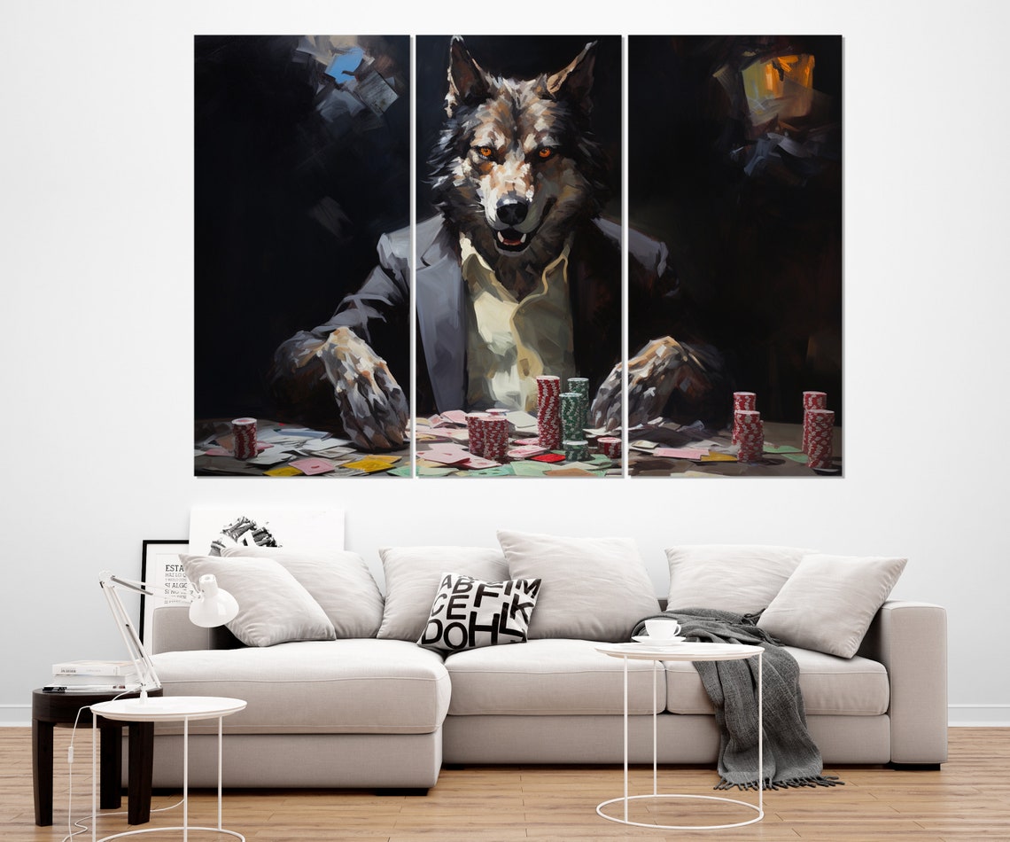 Wolf Playing Poker Suit Casino Table Chips Cards Dark Wall Art Poster - Image 4