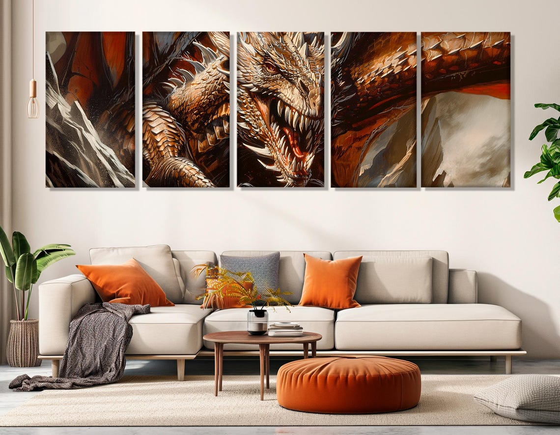 Fierce Bronze Dragon Close Up Scales Fantasy Panoramic Wall Poster - Image 3