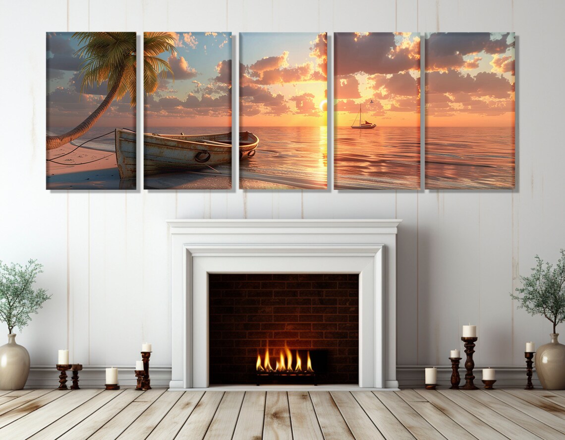 Old Wooden Boat Sunset Beach Palm Tree Sailboat Ocean Travel Poster - Image 2