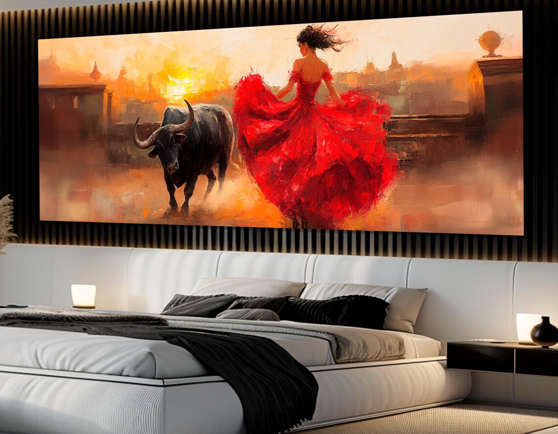 Lady in Red Dress Fighting Bull Sunset Impressionist Spanish Art Poster - Image 4