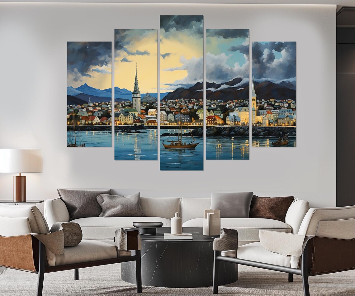 Reykjavik Iceland Harbor Night Moonlit Skyline Painting Travel Poster - Image 3