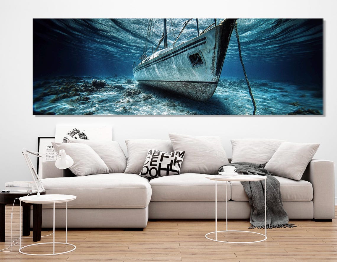 Sunken Yacht Shipwreck Deep Blue Underwater Seabed Diver Art Poster