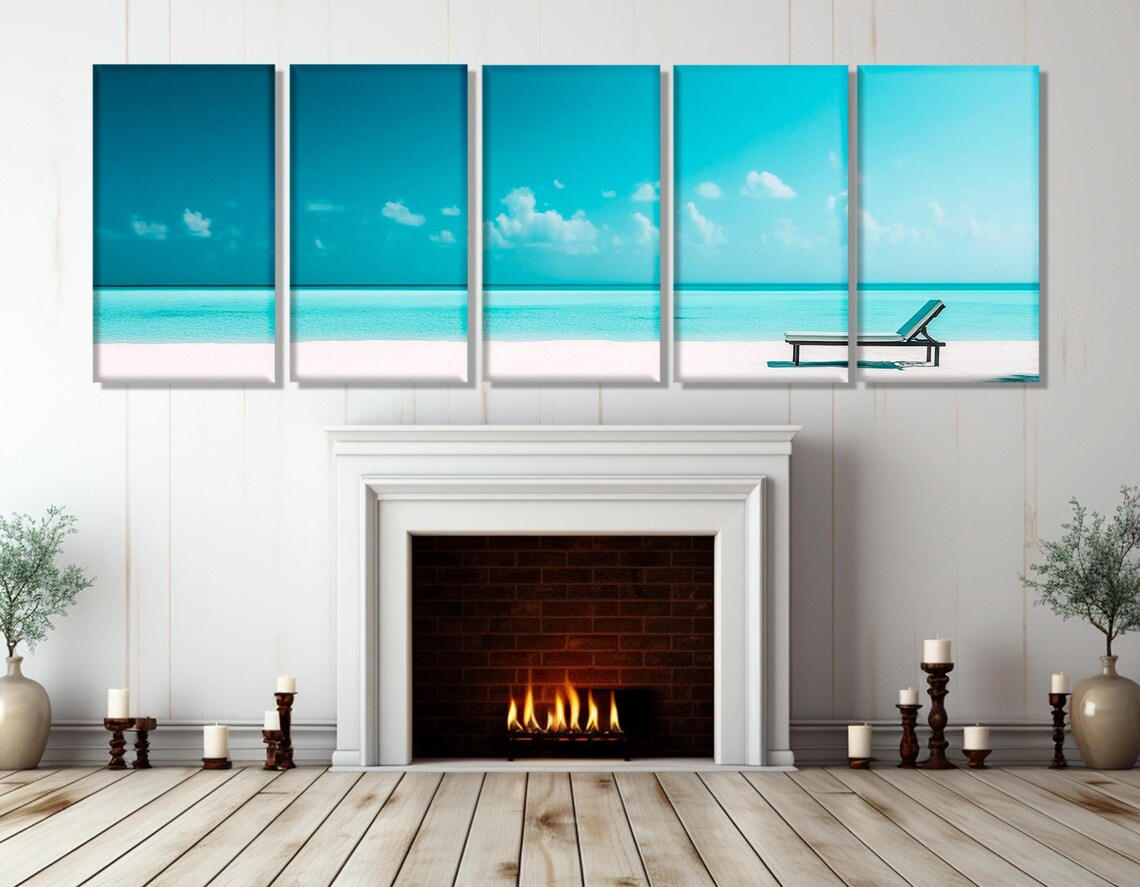 Maldives Turquoise Sea White Sand Beach Lounger Panorama Travel Poster - Image 2