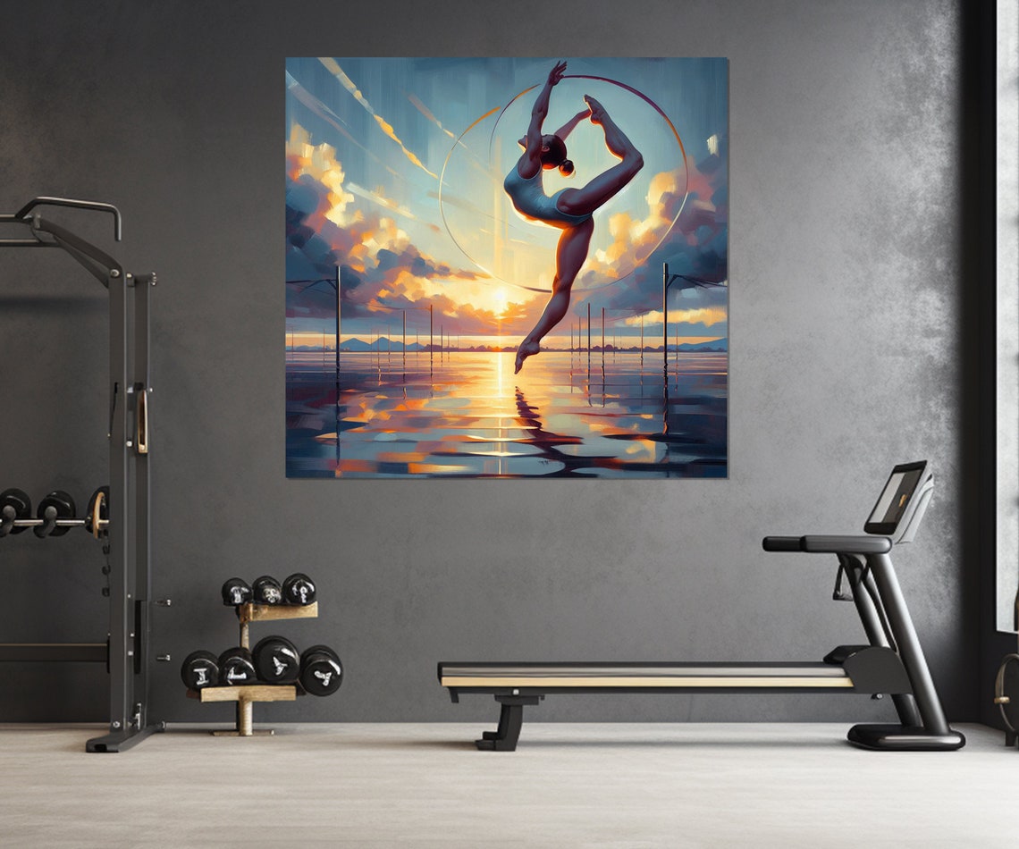 Gymnast Leaping Through Hoop Sunset Water Reflection Scene Poster - Image 3