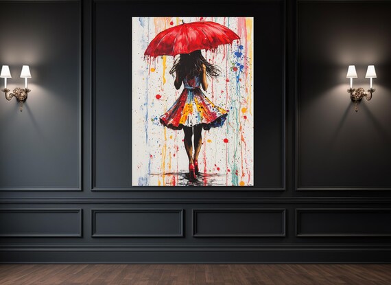Girl With Red Umbrella Rain Colorful Paint Splatter Street Art Poster