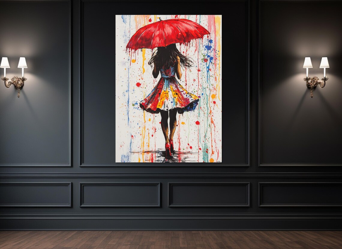 Girl With Red Umbrella Rain Colorful Paint Splatter Street Art Poster