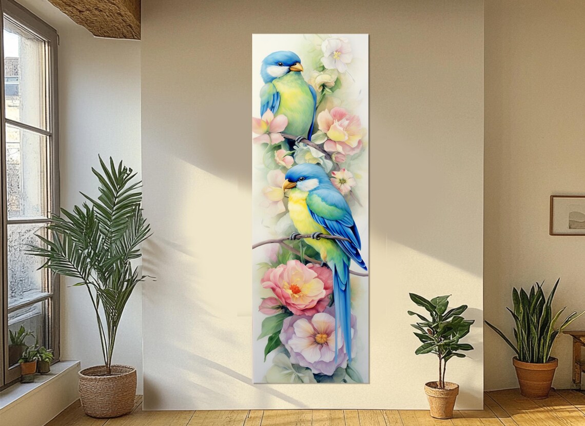 Blue Yellow Songbirds Blossom Branch Soft Watercolor Nature Poster
