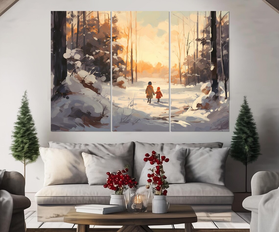 Kids Walking Winter Forest At Sunset Cozy Christmas Painting Wall Art - Image 2