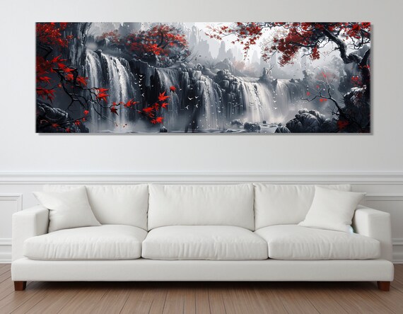 Abstract Waterfall and Red Trees Art Print, Black and White