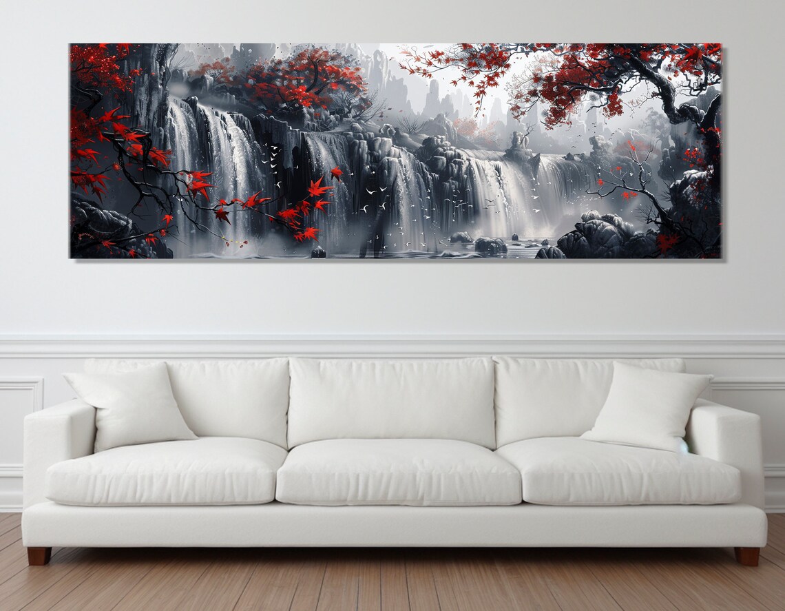Abstract Waterfall and Red Trees Art Print, Black and White