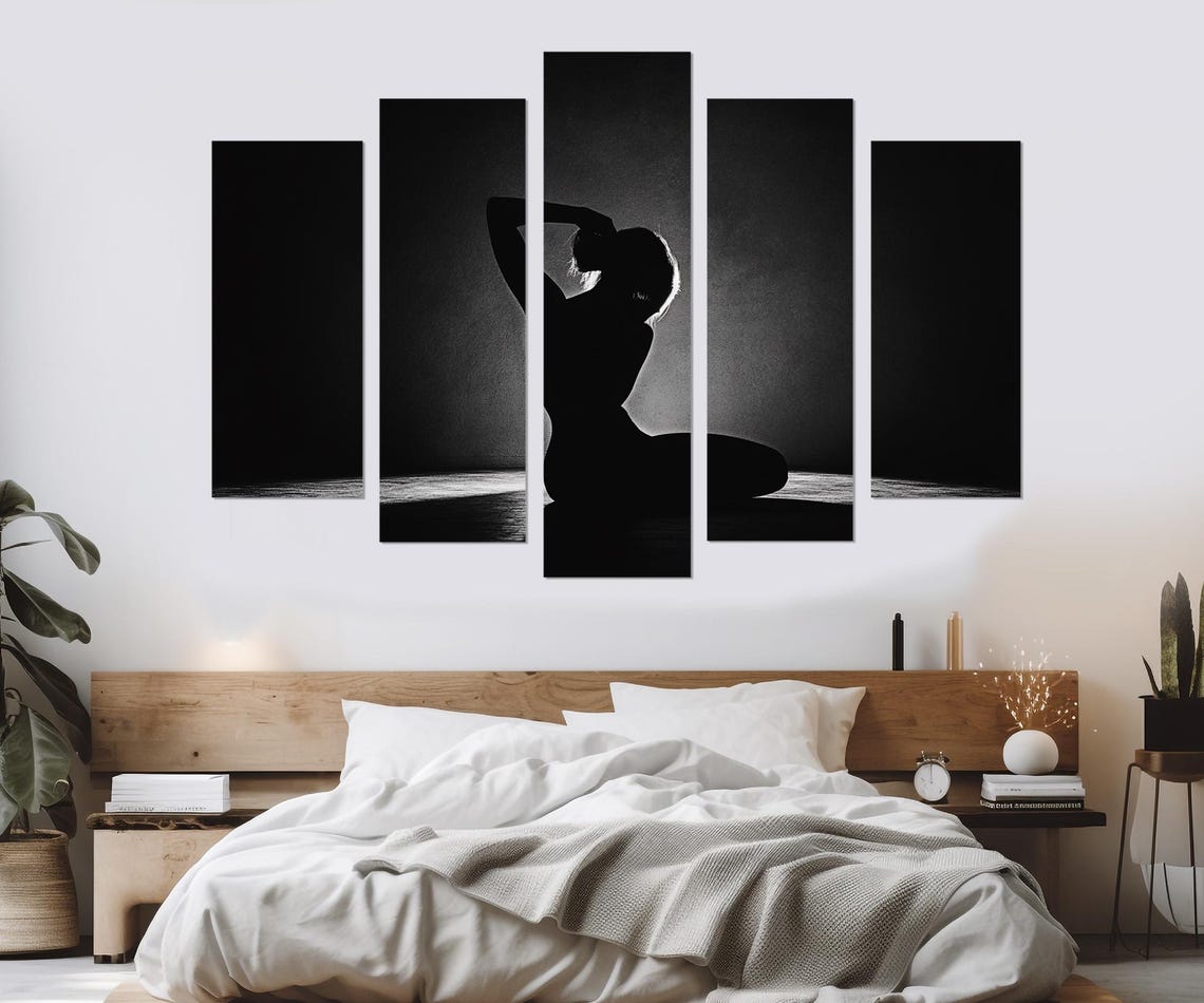 Woman Silhouette Kneeling Black White Dramatic Light Art Poster - Image 3