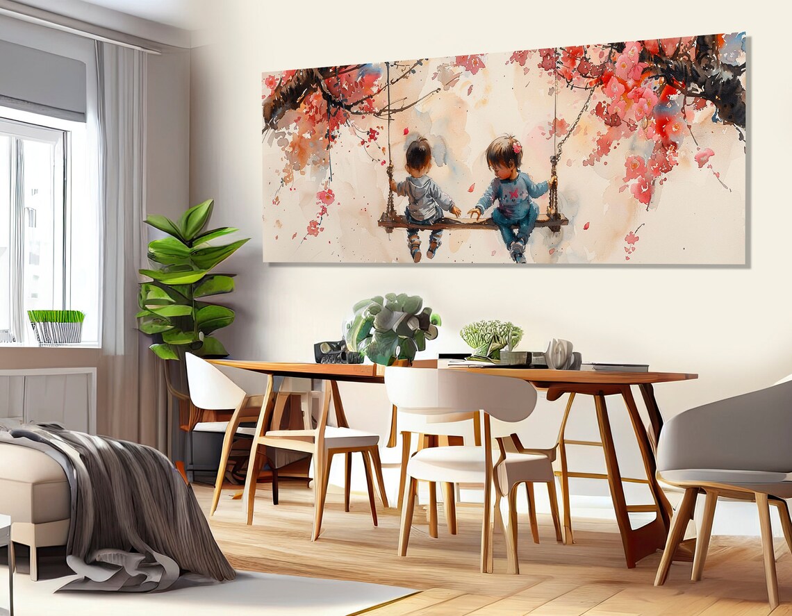 Toddlers On Wooden Swing Under Cherry Blossom Tree Watercolor Poster - Image 4
