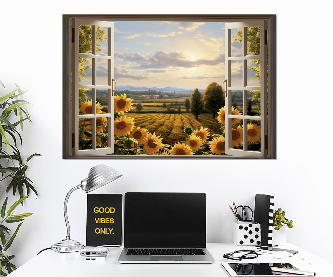 Open Window Sunflower Field Sunset Countryside View Faux Window Poster - Image 3