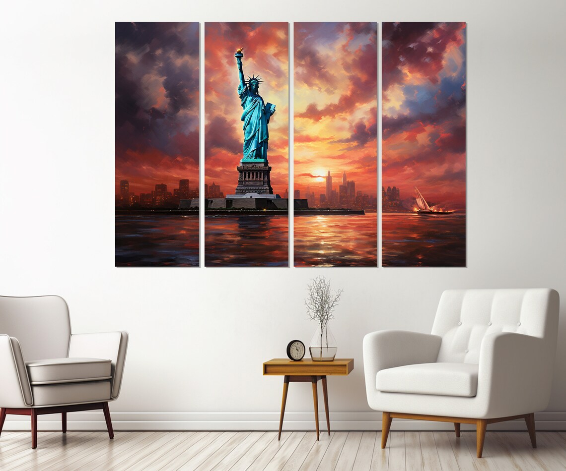Statue Of Liberty At Fiery Sunset New York Skyline Harbor View Poster - Image 4