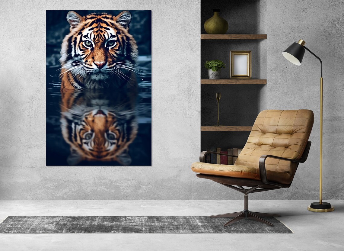 Tiger Emerging From Dark Water Mirror Reflection Wildlife Portrait Print