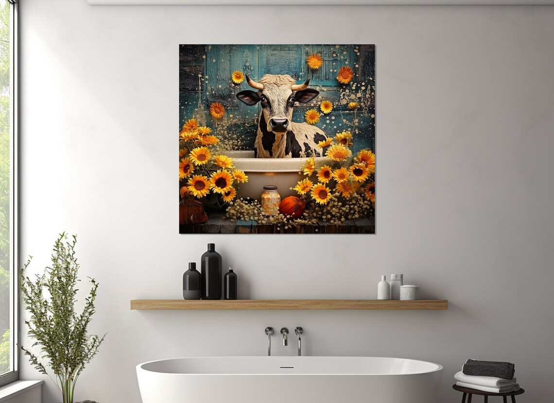 Highland Cow In A Bathtub Surrounded By Yellow Sunflowers Poster - Image 3