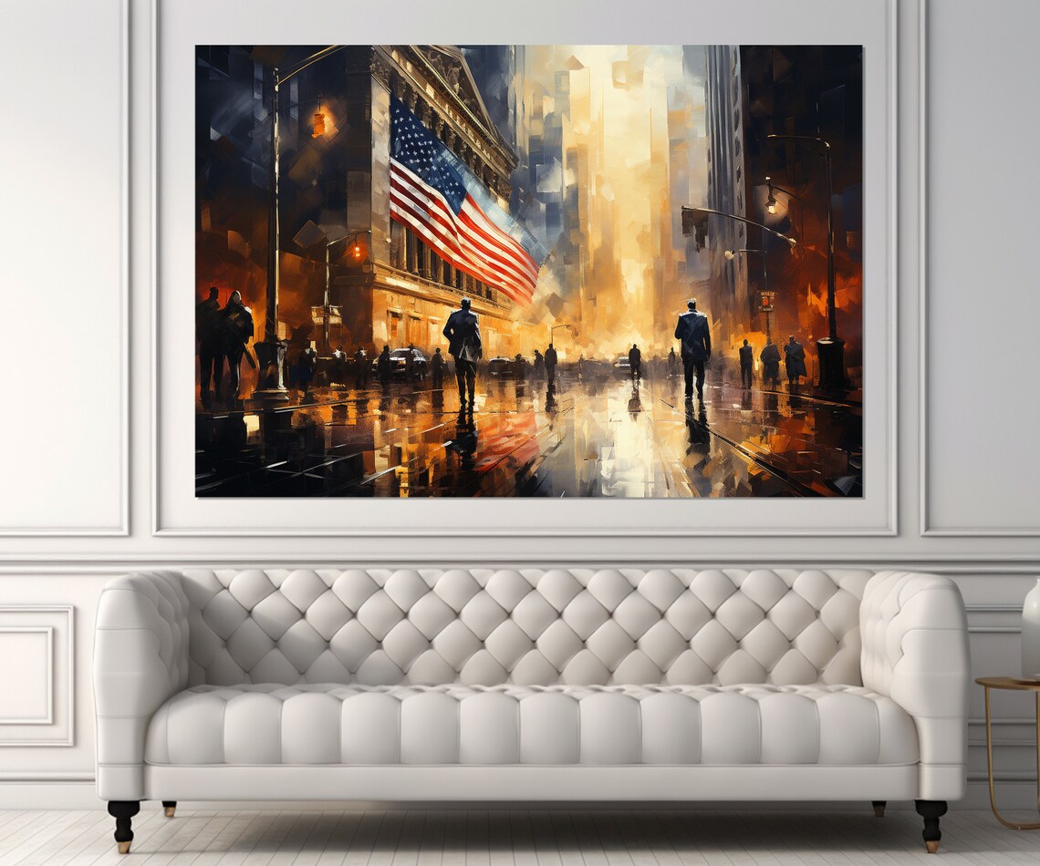 New York Wall Street American Flag Rainy Street City Night Poster