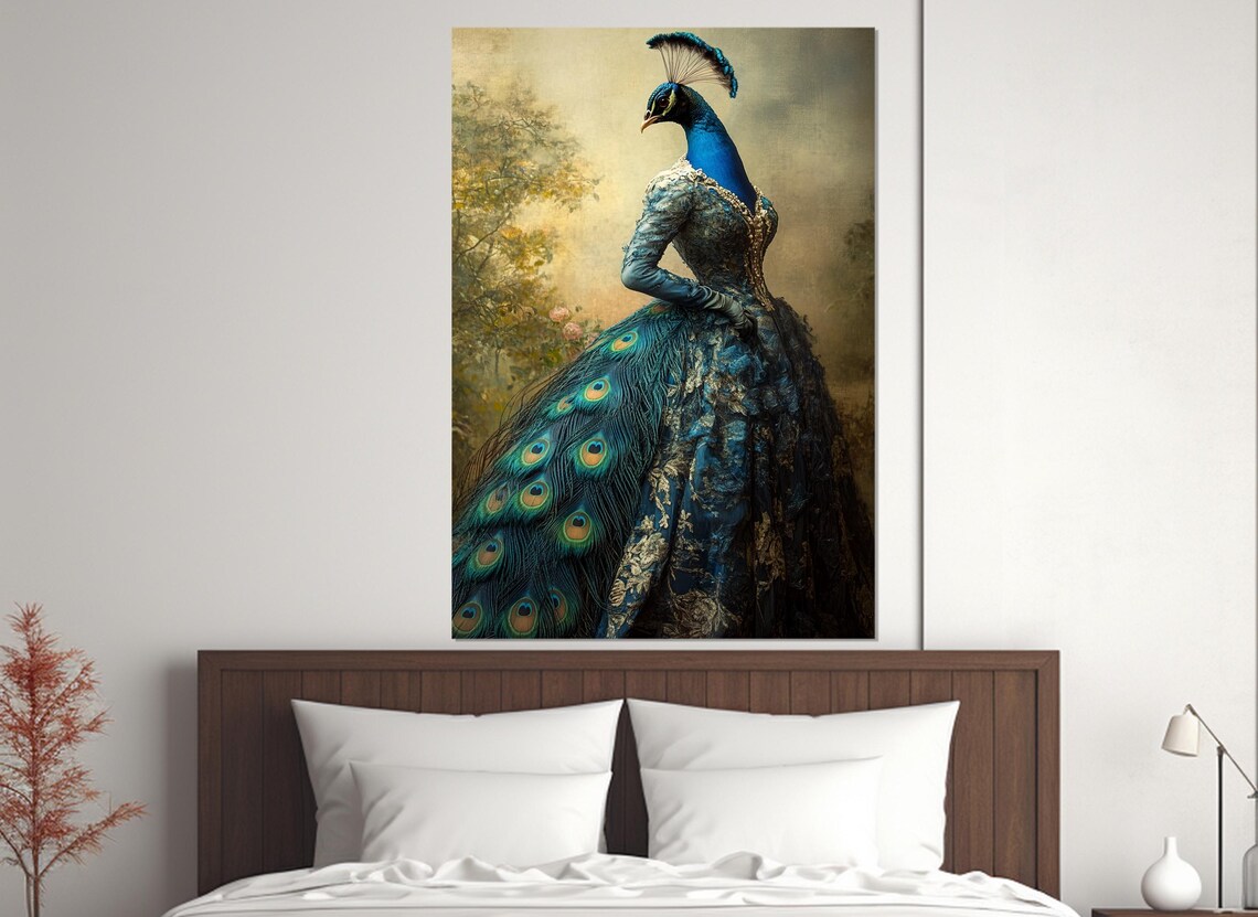 Peacock Headed Woman in Victorian Blue Gown Surreal Fantasy Art Poster - Image 2