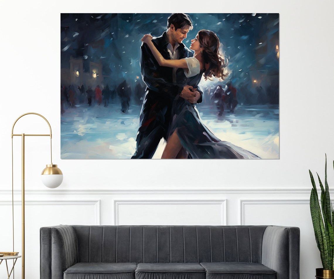 Ice Skating Couple Dancing Snowy Night Romantic Winter Art Poster