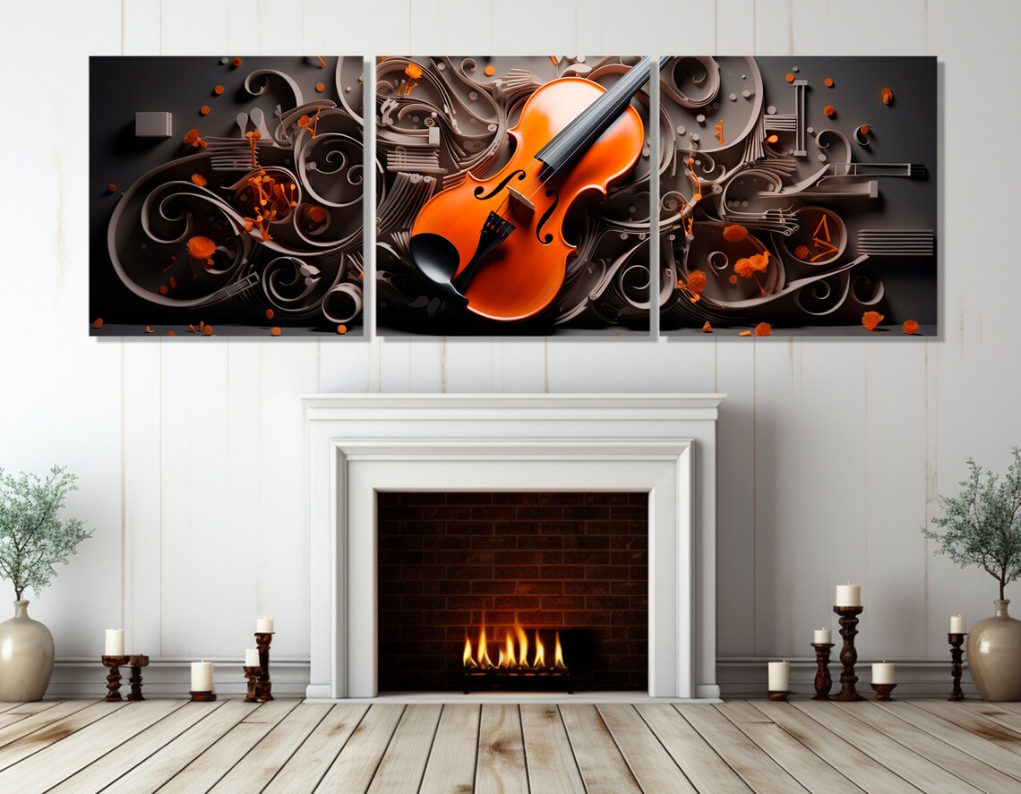 Orange Violin Quilling Paper Art Swirls Dark Background Music Wall Art - Image 4