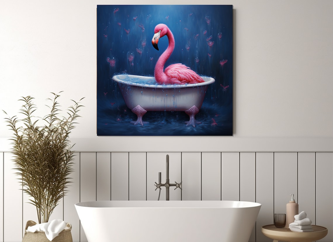 Pink Flamingo In A Vintage Bathtub Under Falling Petals Poster