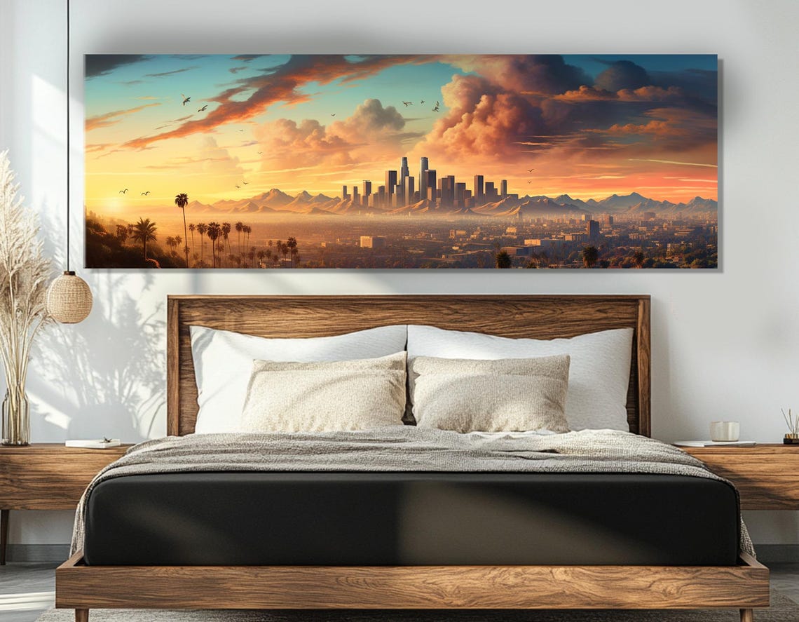 Los Angeles Sunset Panorama With Palm Trees And Mountain View Poster