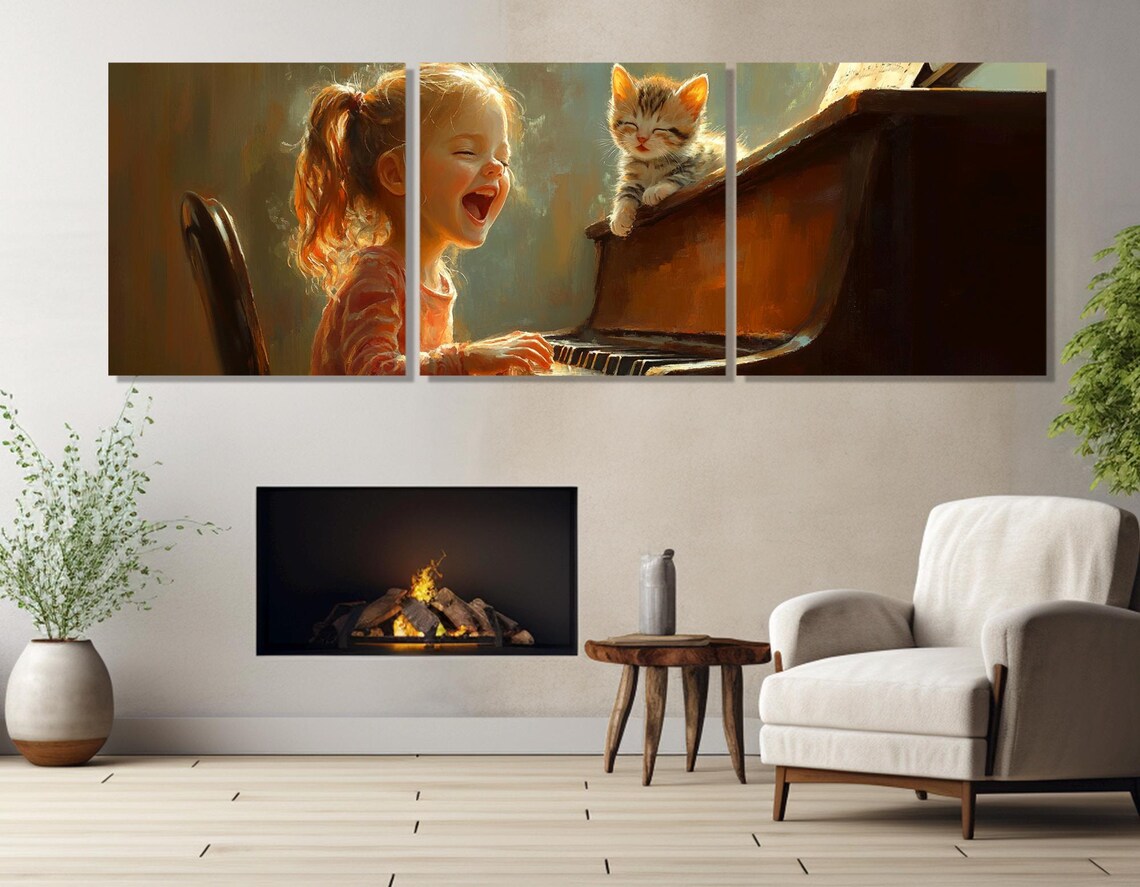 Laughing Little Girl Playing Piano With Kitten Warm Nostalgic Art Poster - Image 3