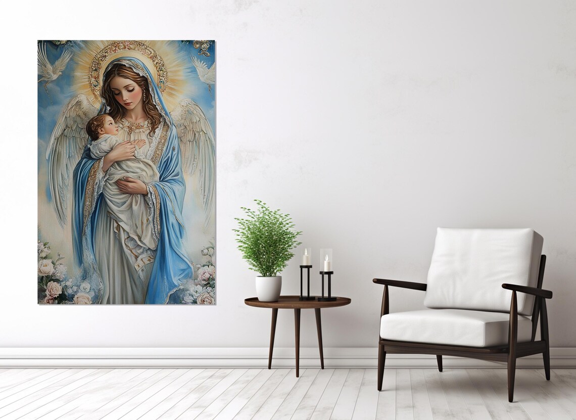 Madonna And Child Angel Wings Roses Heavenly Catholic Painting Poster - Image 3