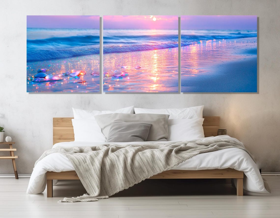 Pink Sunset Beach Waves Sea Glass Stones Pastel Panorama Poster - Image 4