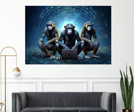 Three Chimpanzees With Laptop Blue Digital Matrix Funny Office Wall Art Print