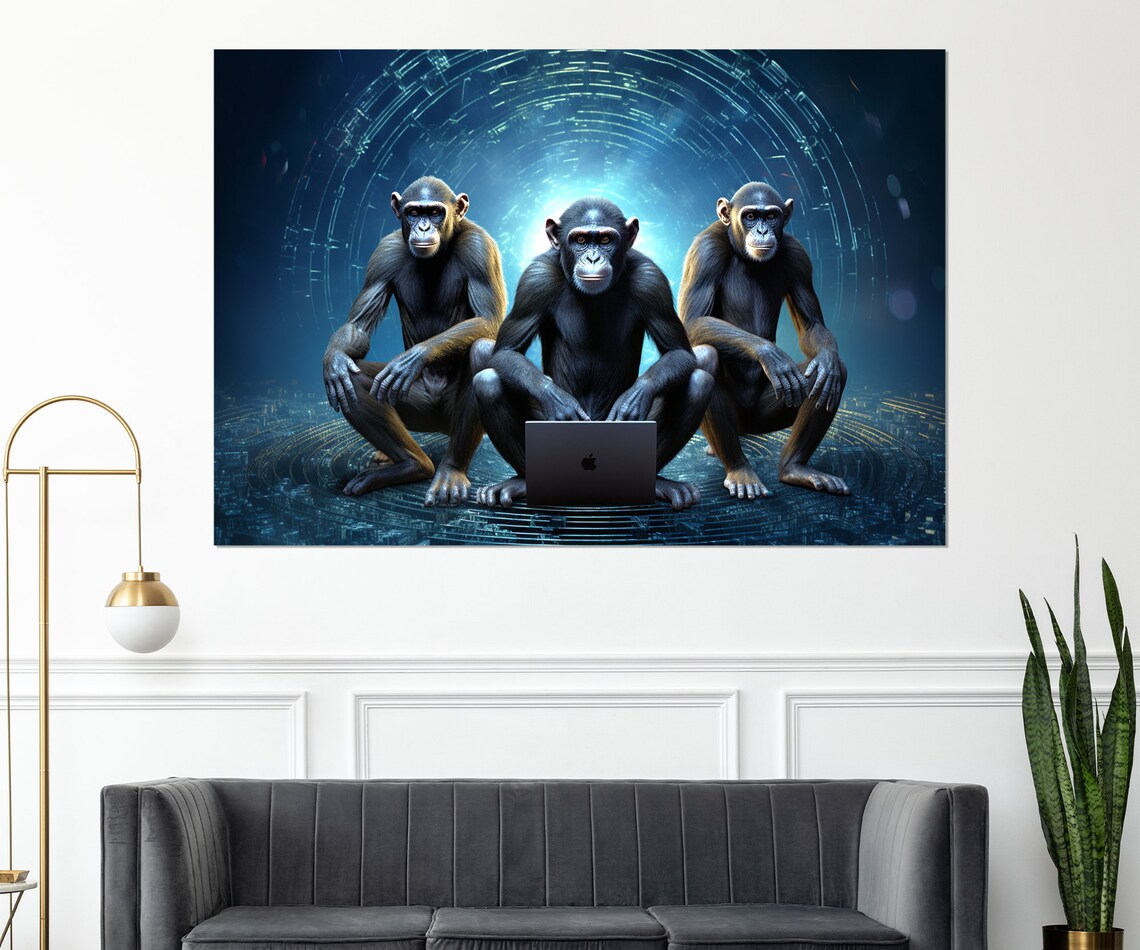Three Chimpanzees With Laptop Blue Digital Matrix Funny Office Wall Art Print