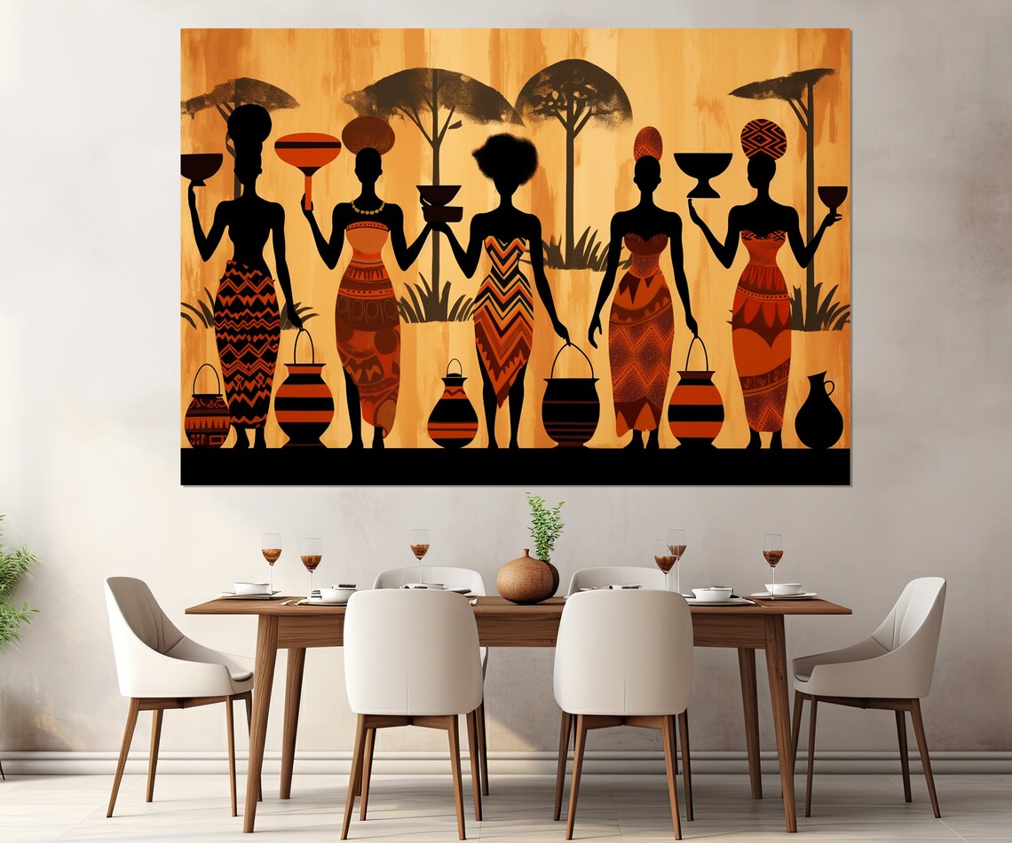 African Women Carrying Water Vessels Savanna Silhouette Poster