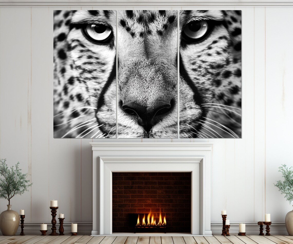 Black White Cheetah Face Close Up Intense Gaze Wildlife Portrait Wall Art - Image 4
