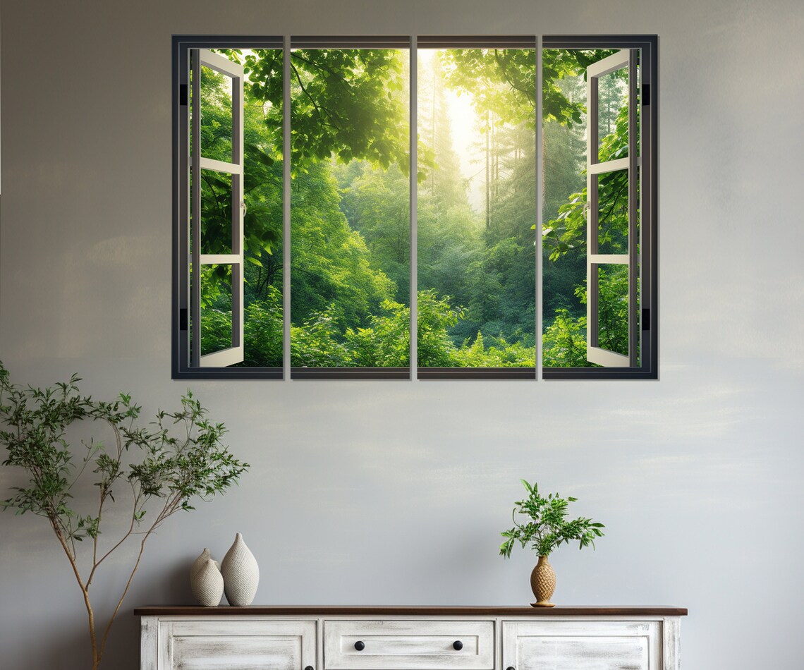 Open Window With Forest View Painting Faux Window Print Forest Art Framed And Ready To Hang - Image 3