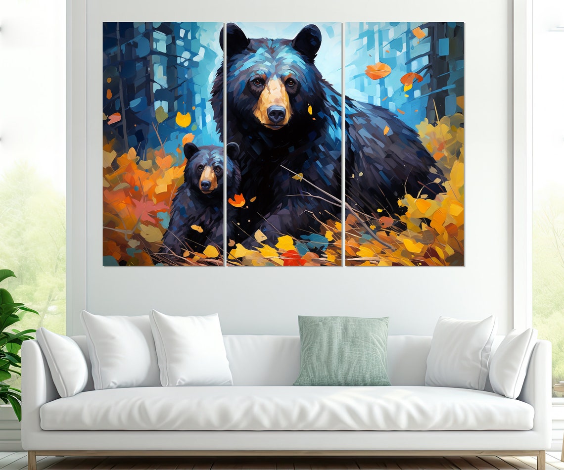 Black Bear Mother And Cub In An Autumn Forest Painterly Poster - Image 4