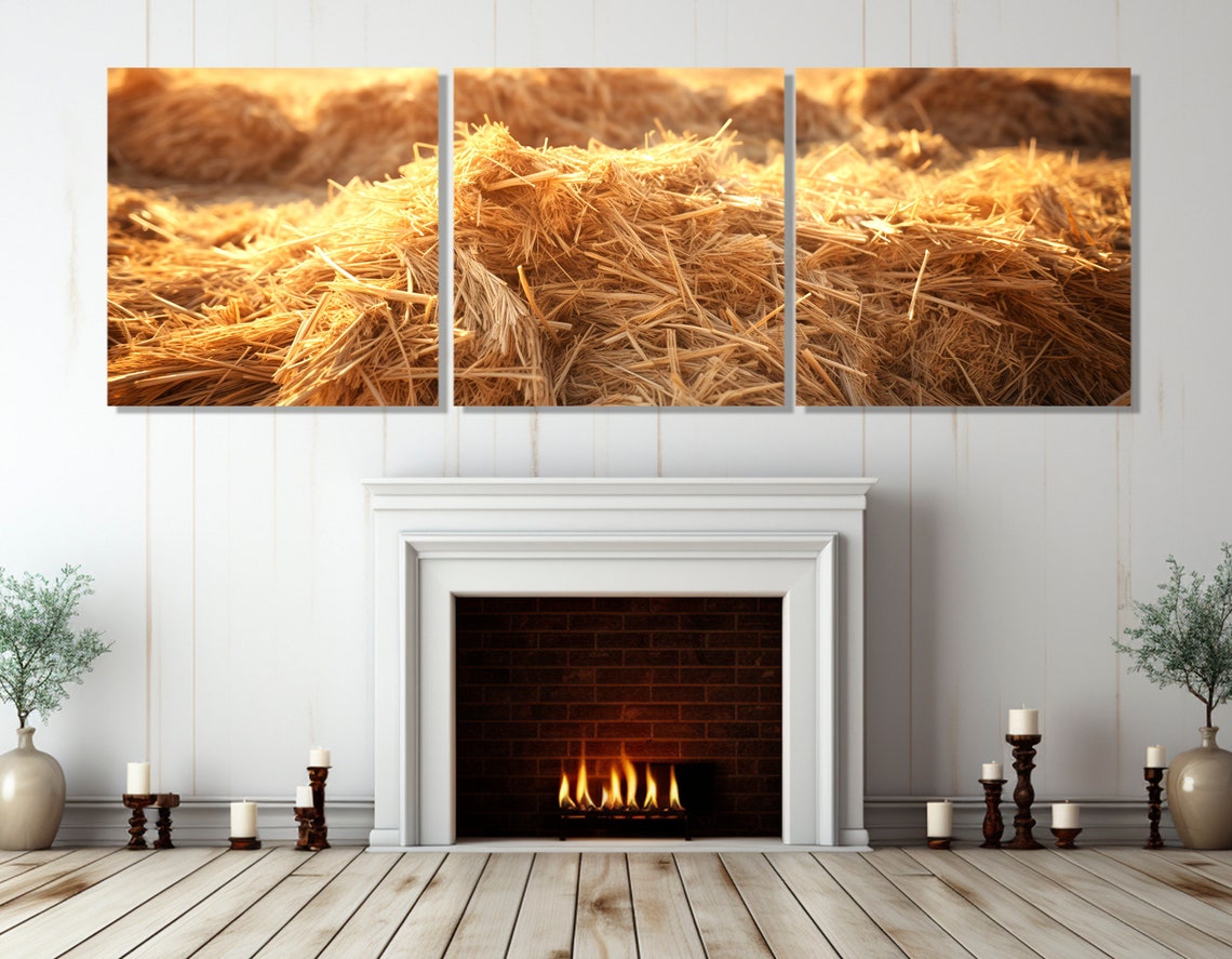 Golden Hay Bales Close Up Triptych Rustic Farm Texture Wall Art Poster