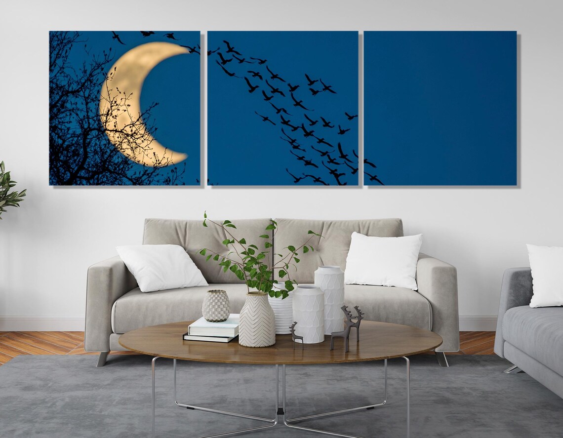 Crescent Moon Night Sky Flock of Birds Silhouette Dark Blue Art Poster - Image 4