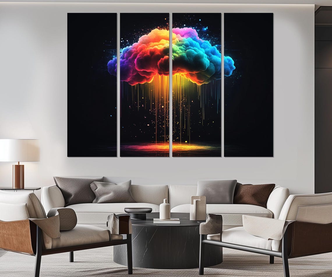 Abstract Rainbow Colored Rainy Cloud Print Contemporary Colorful Wall Art Cloud Art Clouds Wall Art Framed Ready To Hang - Image 2
